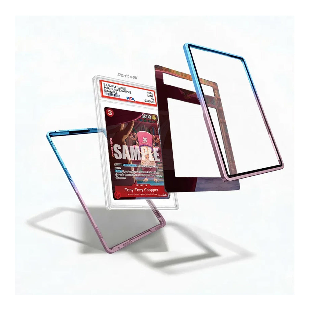 A set of transparent phone screen protectors with colored borders, shown floating around a sample graded card on a clean white background.