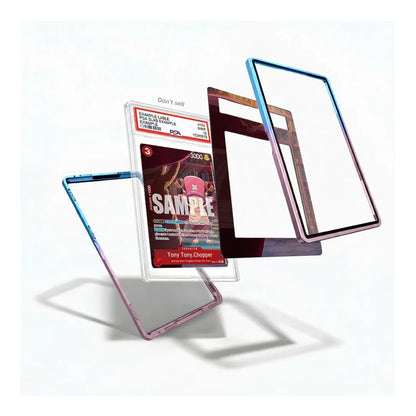 A set of transparent phone screen protectors with colored borders, shown floating around a sample graded card on a clean white background.