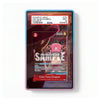 A clear protective card case with a blue-to-purple gradient border, shown containing a sample collectible card. The card features a cartoon character and includes visible PSA grading labels at the top.