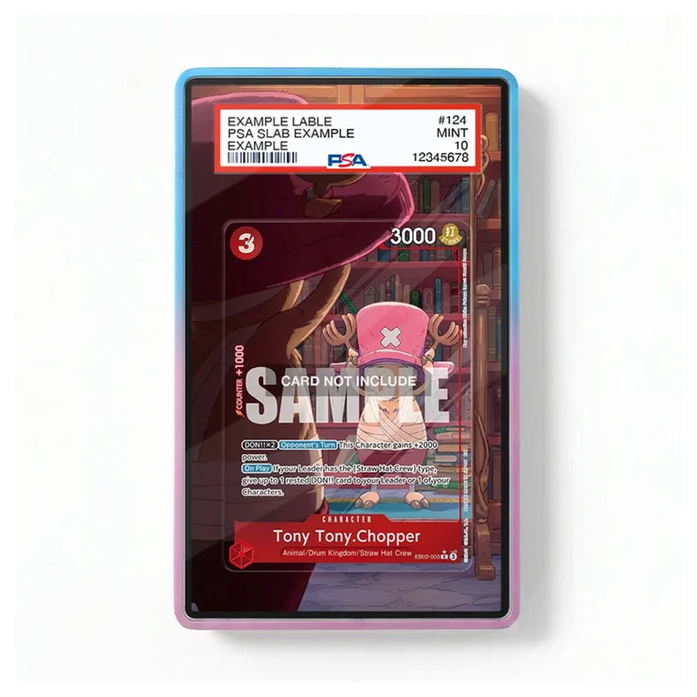 A clear protective card case with a blue-to-purple gradient border, shown containing a sample collectible card. The card features a cartoon character and includes visible PSA grading labels at the top.