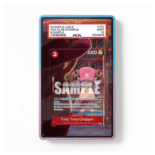 A clear protective card case with a blue-to-purple gradient border, shown containing a sample collectible card. The card features a cartoon character and includes visible PSA grading labels at the top.
