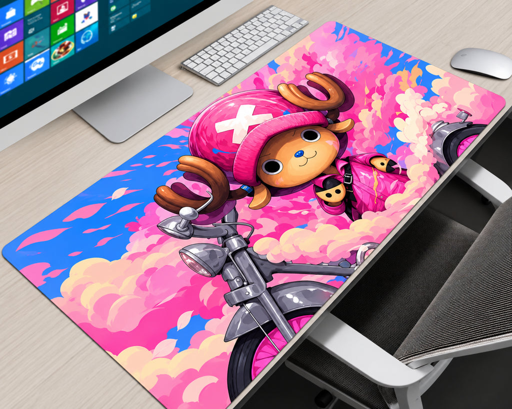 Tony Tony Chopper pink motorcycle anime gaming mouse pad featuring Chopper in his signature pink hat and outfit, riding a motorcycle among fluffy pink clouds and blue accents.