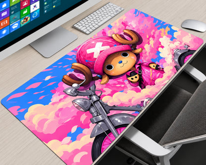Tony Tony Chopper pink motorcycle anime gaming mouse pad featuring Chopper in his signature pink hat and outfit, riding a motorcycle among fluffy pink clouds and blue accents.