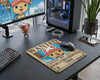 Cute Tony Tony Chopper wanted poster themed anime mouse pad beside RGB gaming mouse and custom PC setup, featuring modern One Piece inspired desk aesthetic with collectible figure