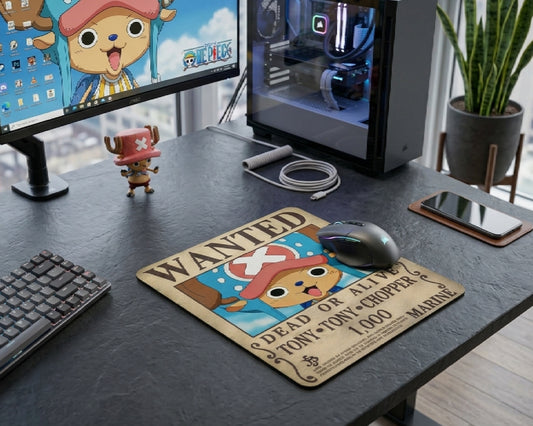 Cute Tony Tony Chopper wanted poster themed anime mouse pad beside RGB gaming mouse and custom PC setup, featuring modern One Piece inspired desk aesthetic with collectible figure