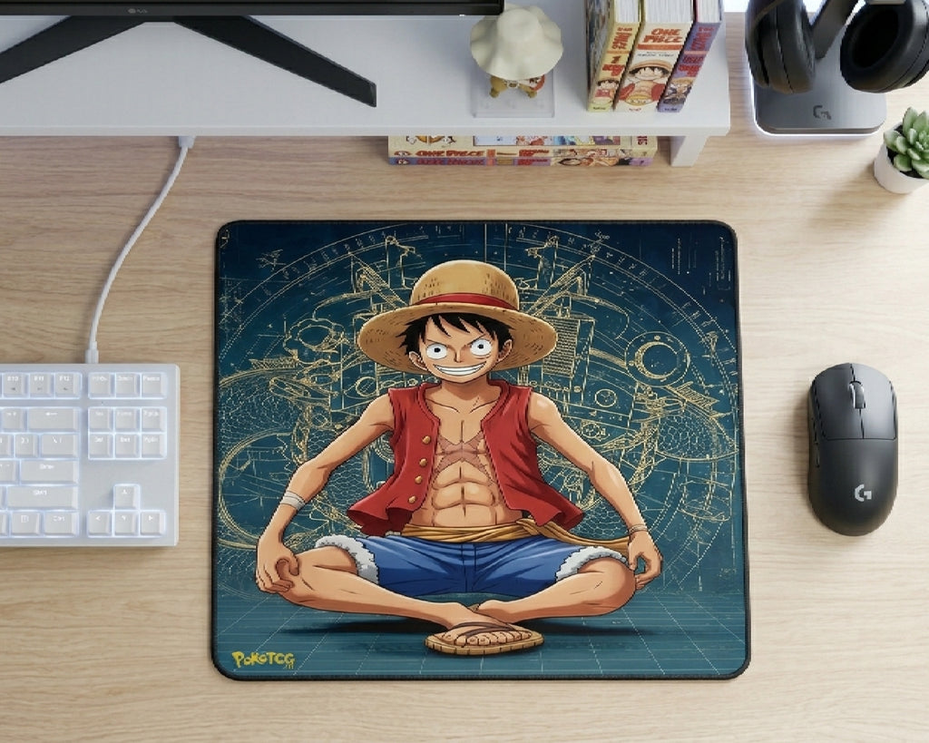 Top view of One Piece Luffy anime mouse pad featuring blueprint-style background on modern gaming desk with keyboard and mouse