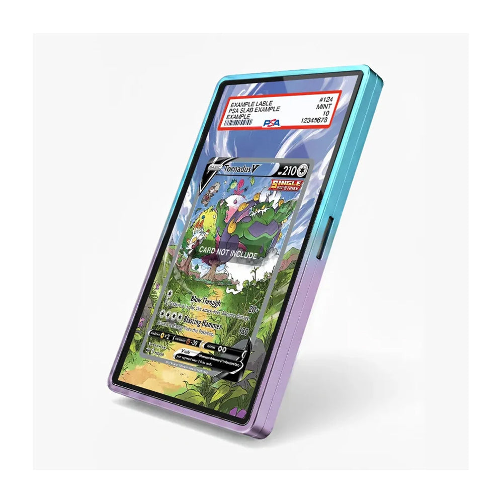 A slim smartphone case shown at an angle on a light gray background. The case has a translucent gradient design shifting from turquoise-blue on the top edge to lavender-purple on the bottom side.