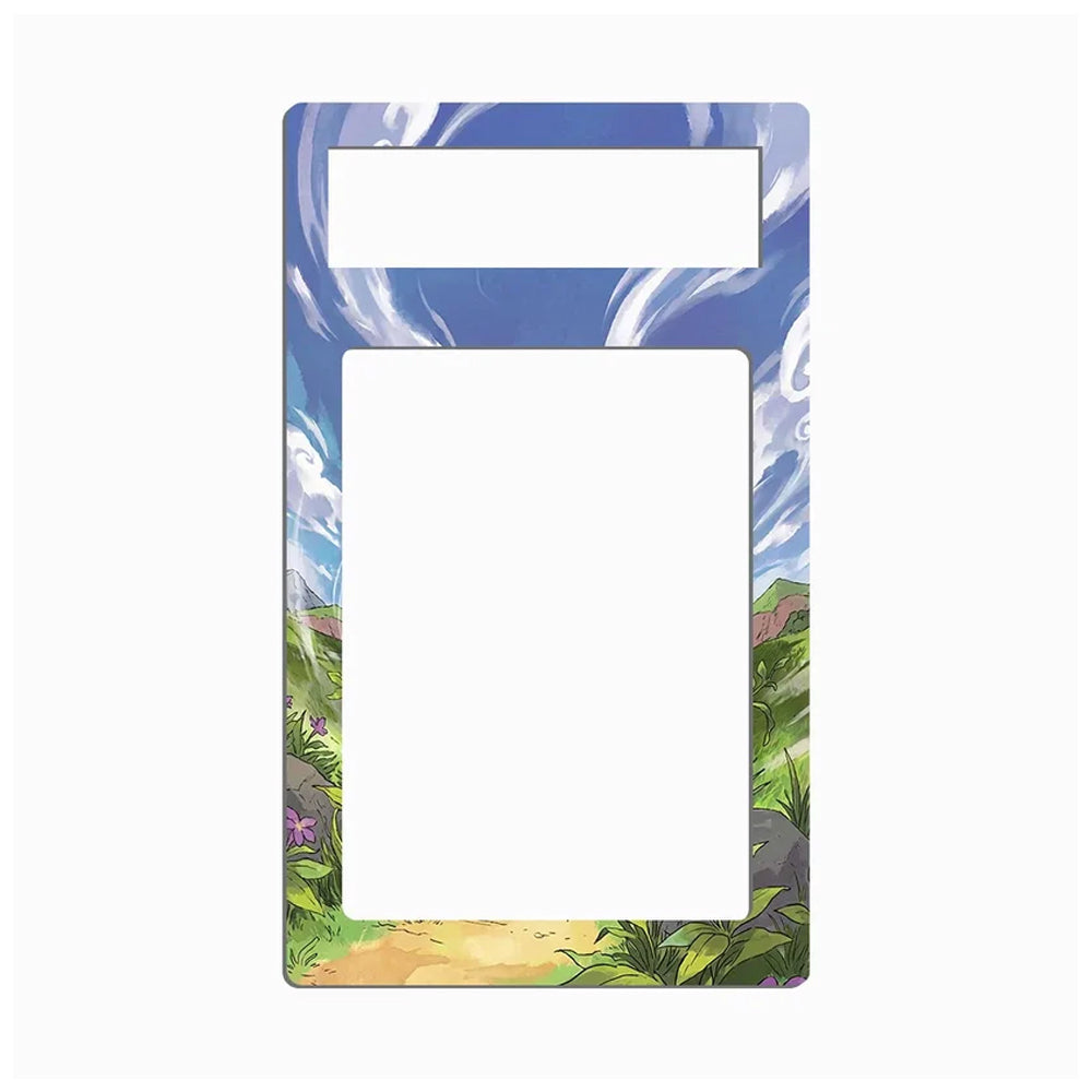 A decorative phone case or card holder frame with a colorful anime-style landscape border. The top section features a blue sky with white clouds, while the bottom displays green foliage, a dirt path, and small purple flowers.