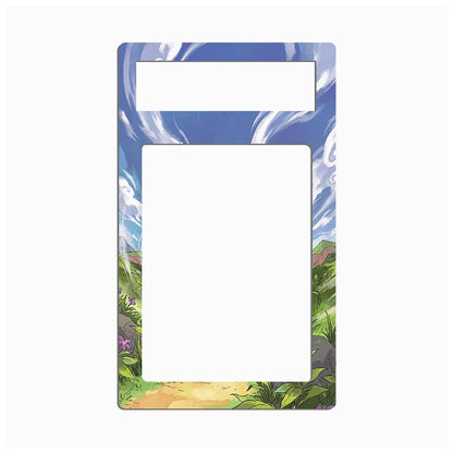 A decorative phone case or card holder frame with a colorful anime-style landscape border. The top section features a blue sky with white clouds, while the bottom displays green foliage, a dirt path, and small purple flowers.