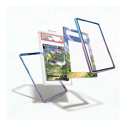 Three transparent protective card cases with colored borders are displayed around a graded Pokémon TCG card on a clean white background. The cases have iridescent blue, purple, and blue-purple edges.