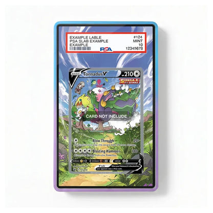 A PSA graded sample trading card in a clear protective slab with a blue and purple border, showing a Tornado V card example on a white background.