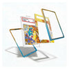 Three transparent phone case frames with gold, blue, and gold-to-blue gradient edges are shown floating around a graded Pokémon TCG card on a clean white background.