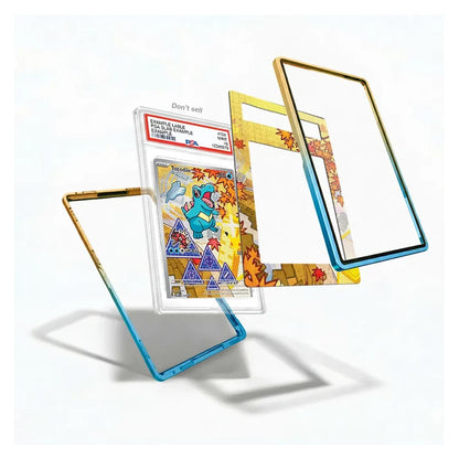 Three transparent phone case frames with gold, blue, and gold-to-blue gradient edges are shown floating around a graded Pokémon TCG card on a clean white background.