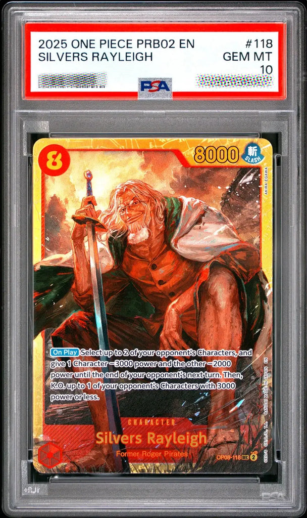 A graded collectible trading card of 'Silvers Rayleigh' from One Piece PRB02 EN, sealed in a PSA Gem Mint 10 holder. The card features an illustration of the character holding a sword, with a red and yellow border and a black background.