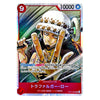 A holographic trading card featuring the character Trafalgar Law from the anime One Piece, with a silver and red border and Japanese text.