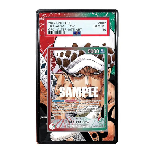 Trading card featuring Trafalgar Law from One Piece with a red border and white background.