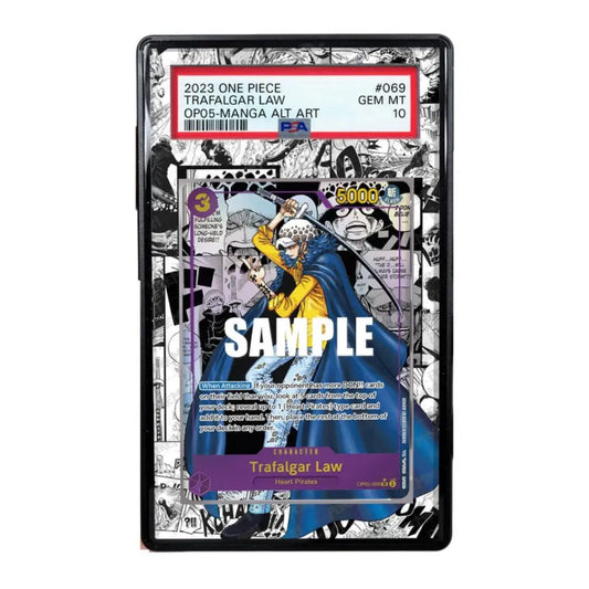 Card packaging featuring Trafalgar Law from One Piece with comic book style background