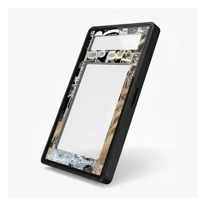 A black rectangular device with a glossy screen, shown at an angle on a light gray background. The screen displays a collage of vintage dollar bills and financial charts.