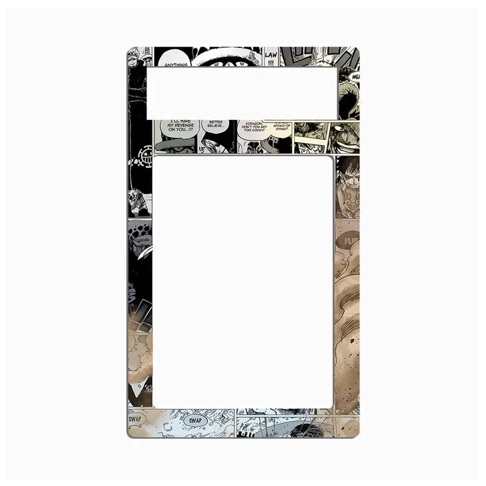 A rectangular picture frame with a black and white comic book panel border and a blank white center cutout, shown on a light gray background.