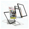 A clear acrylic display stand with black and silver metallic frames, shown floating against a white background with a graded comic book card inside the stand.