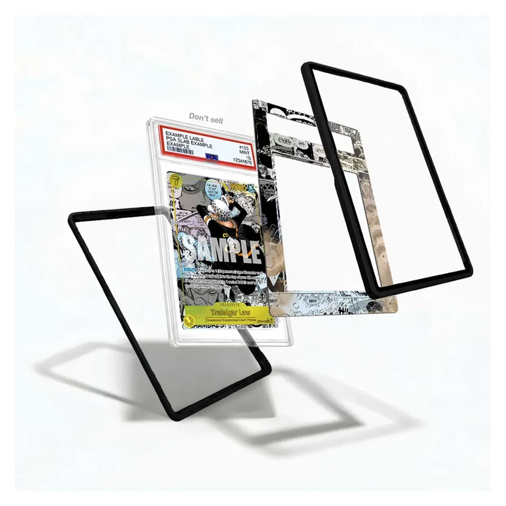 A clear acrylic display stand with black and silver metallic frames, shown floating against a white background with a graded comic book card inside the stand.