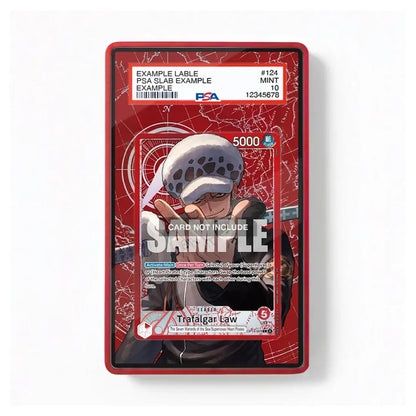 A collectible card-style product in a red border frame, featuring anime artwork of a character and sample text fields including 'EXAMPLE LABLE', 'PSA SLAB EXAMPLE', and '5000'. A large 'SAMPLE' watermark overlays the center.