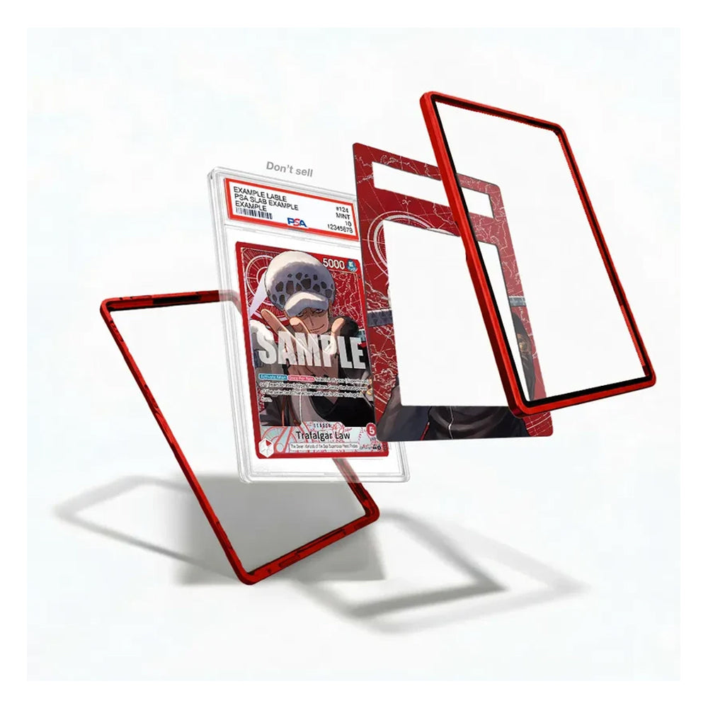 A set of red and clear protective card sleeves and frames shown floating around a graded sample card on a clean white background.