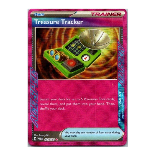 A Pokémon Trading Card Game 'Treasure Tracker' card from the Evolving Skies set, featuring a pink and blue holographic design with an illustration of a green treasure chest.