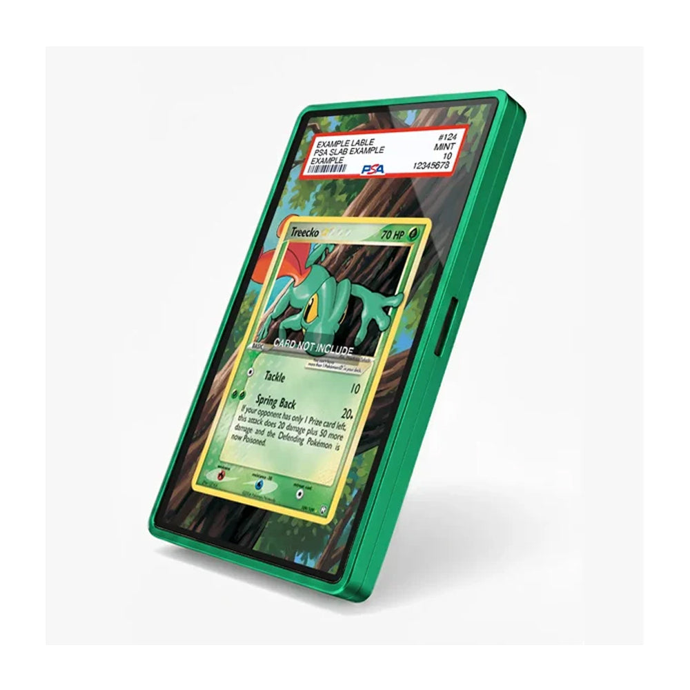 A green protective case for a tablet, shown standing upright at an angle. The screen displays a sample Pokémon trading card and a PSA authentication label, indicating a graded or authenticated tablet case.
