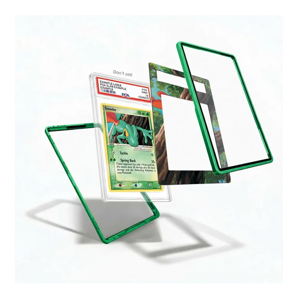 Three transparent acrylic card protectors with green edges are shown floating against a white background, with one protector displaying a graded Pokémon card inside.