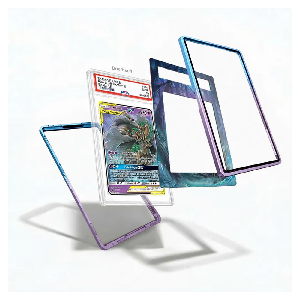 A set of four transparent acrylic card protectors with iridescent blue, purple, and teal gradient borders, shown floating around a graded holographic trading card on a clean white background.