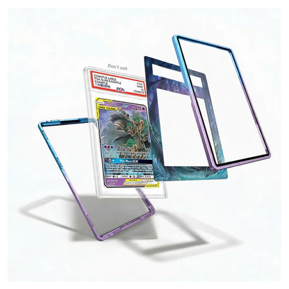 A set of four transparent acrylic card protectors with iridescent blue, purple, and teal gradient borders, shown floating around a graded holographic trading card on a clean white background.