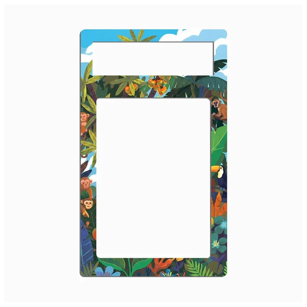 A rectangular picture frame with a colorful tropical jungle border featuring illustrated monkeys, toucans, leaves, and a blue sky, shown on a plain white background.