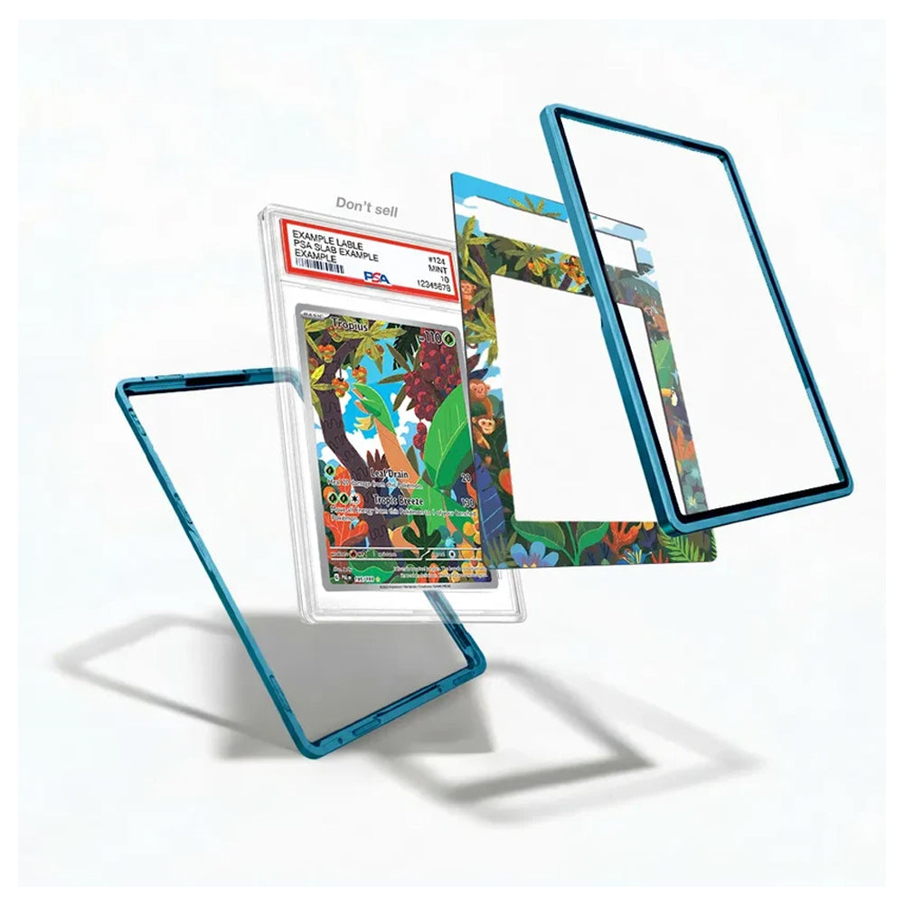 A set of Pokémon trading card sleeves and protective cases arranged in a floating exploded view on a white background. The set includes a clear sleeve with a graded Pokémon card inside, a blue metallic frame case, a patterned green and blue case, and two empty blue frame cases.