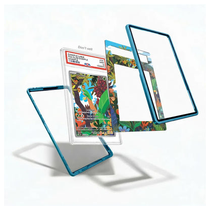 A set of Pokémon trading card sleeves and protective cases arranged in a floating exploded view on a white background. The set includes a clear sleeve with a graded Pokémon card inside, a blue metallic frame case, a patterned green and blue case, and two empty blue frame cases.
