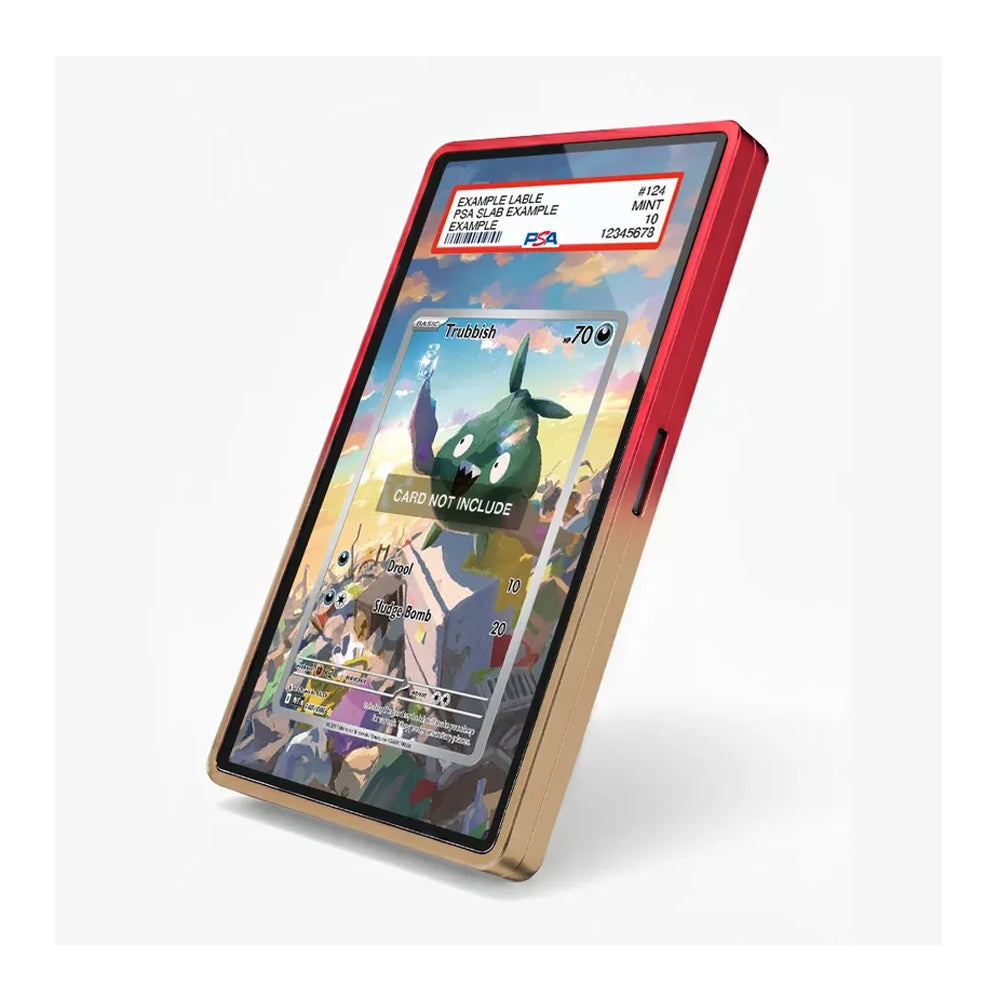 A slim rectangular electronic device with a red outer frame and a gold inner body, shown at an angle on a light gray background. The screen displays a colorful illustrated card design with text and a Pokémon-themed graphic.