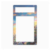A decorative rectangular frame or plate with rounded corners, featuring an illustrated landscape border and two large white cutout centers on a light gray background.