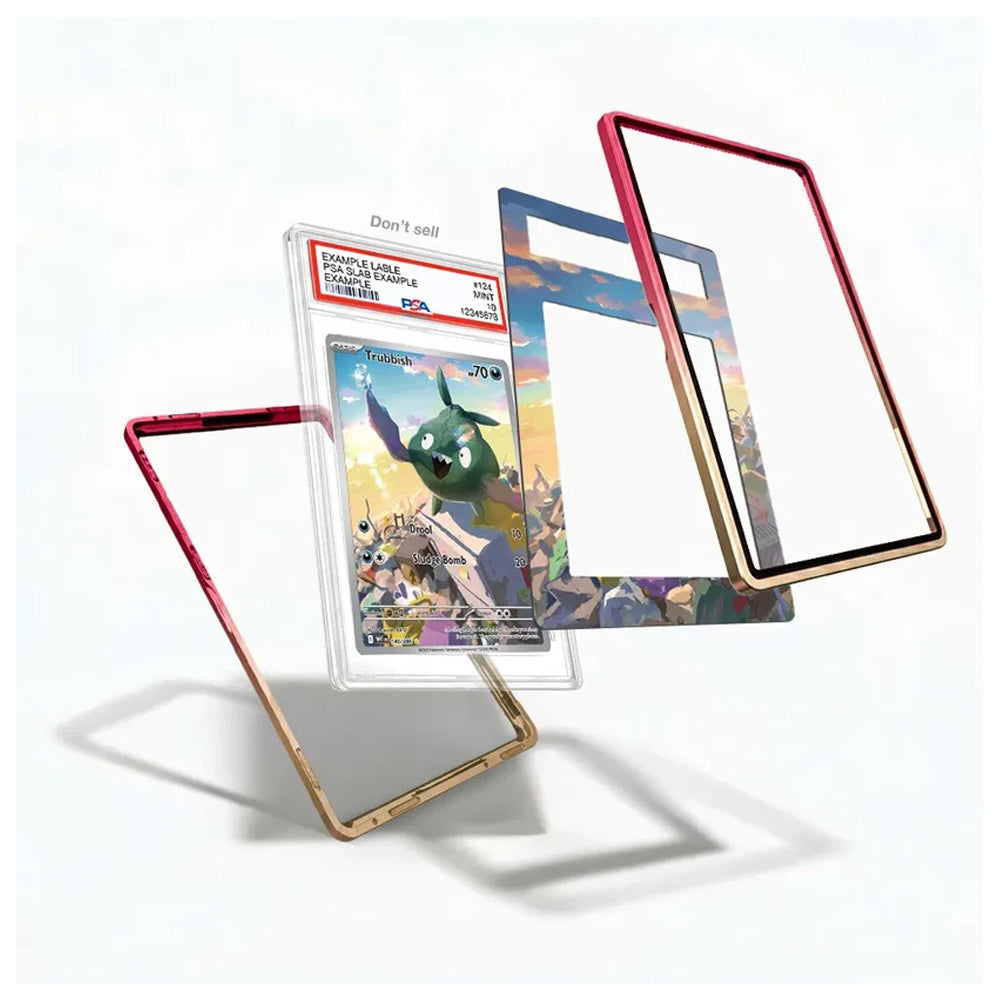 Three transparent phone case frames with metallic rose gold and gold edges are displayed floating against a white background, with one frame shown holding a Pokémon trading card and another showing a colorful landscape print design.