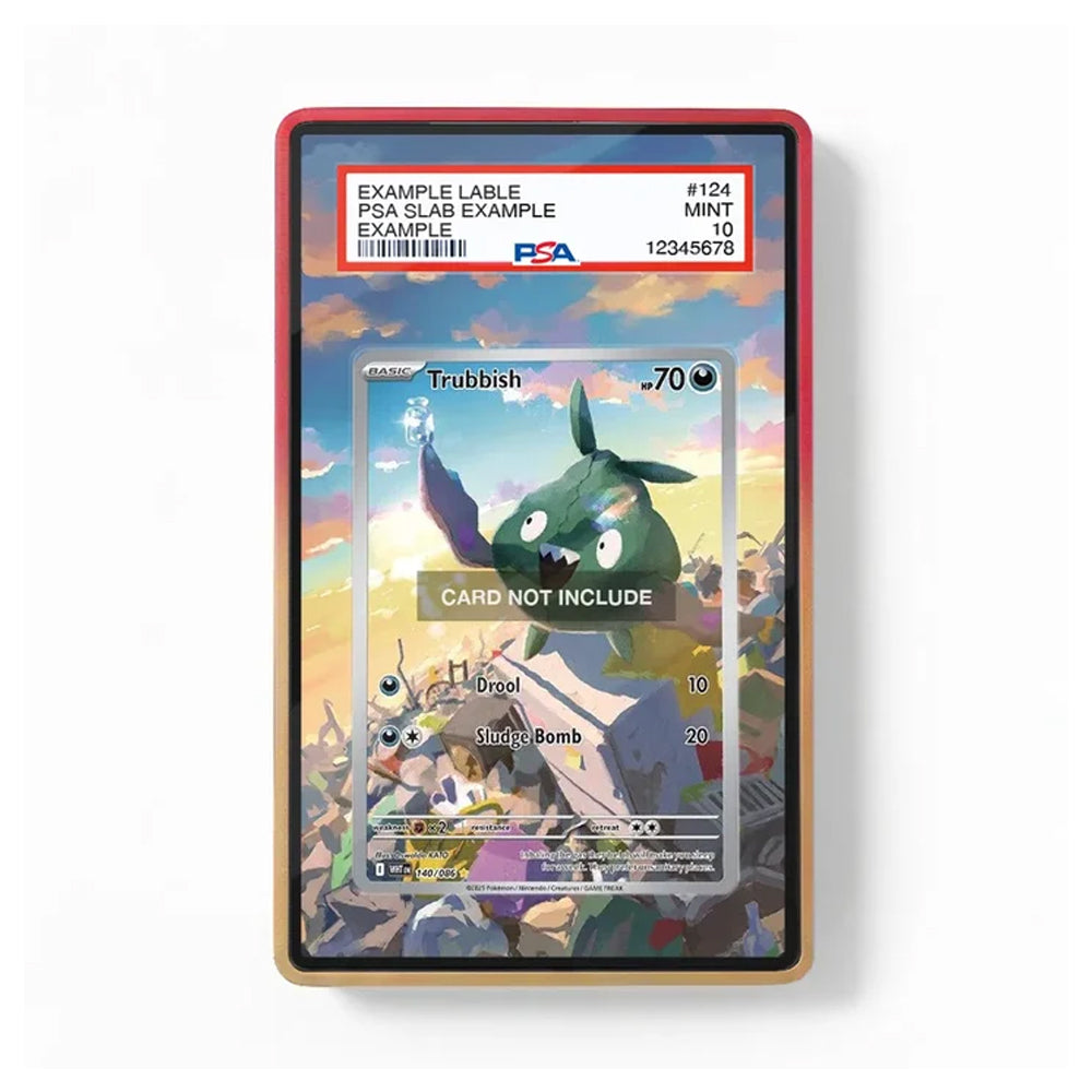 A framed collectible card slab containing a Trubbish Pokémon card, shown against a plain white background. The slab has a red outer border and a gold inner frame, with a PSA grading label visible at the top.