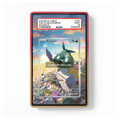 A framed collectible card slab containing a Trubbish Pokémon card, shown against a plain white background. The slab has a red outer border and a gold inner frame, with a PSA grading label visible at the top.