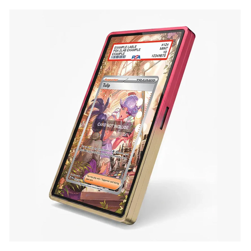 A slim rectangular phone or tablet-style device shown at an angle on a light gray background. The device has a gold-toned lower half, a dark pink upper half, and a colorful illustrated screen displaying a trading card interface.