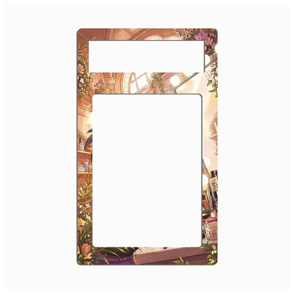 A decorative rectangular card or frame insert with two large white cutout areas and an illustrated border. The border shows a warm-toned interior scene with shelves, flowers, and soft pink, peach, and brown hues on a light gray background.