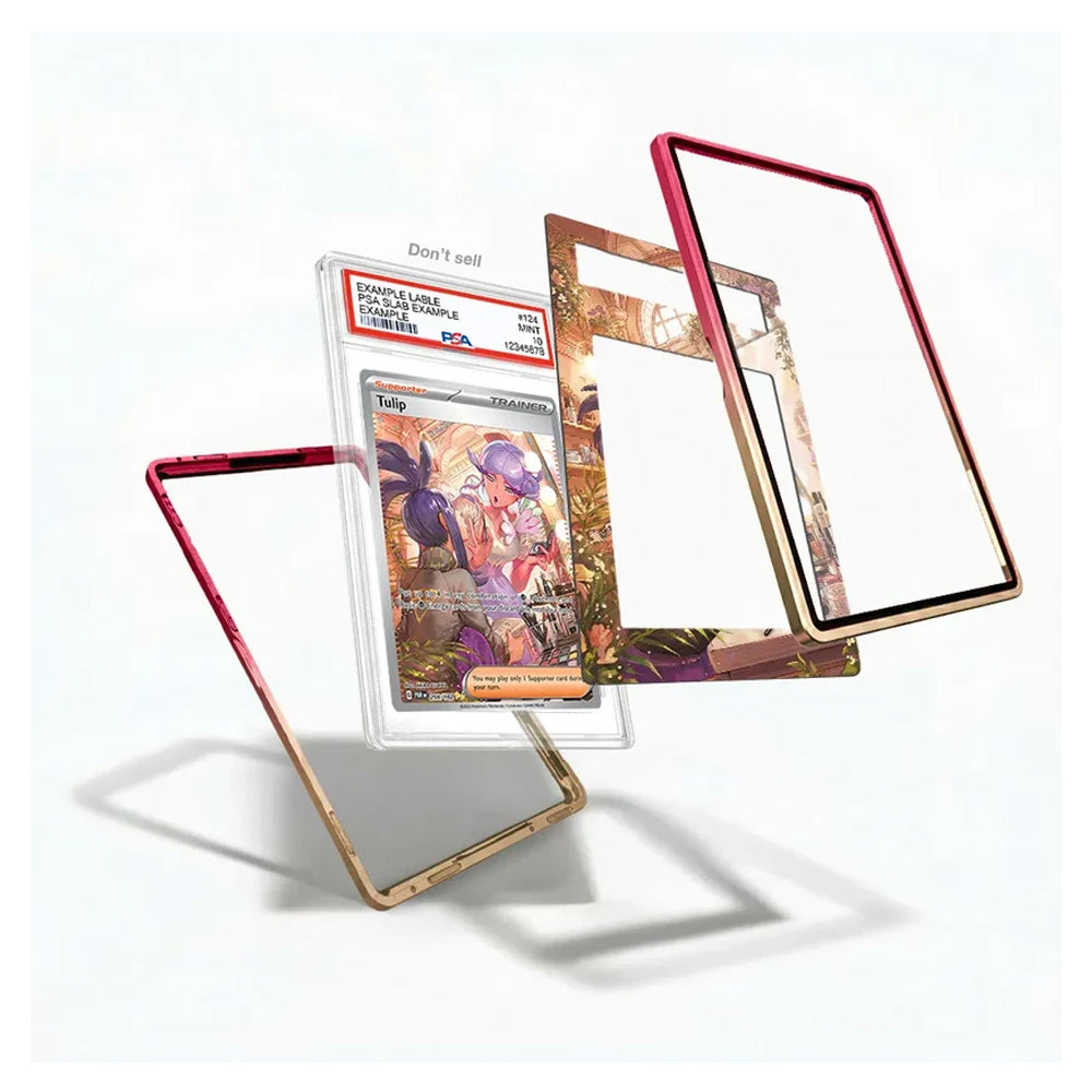 A set of custom protective phone cases shown in an exploded view on a white background. The cases feature a metallic gold base with a red gradient on the outer edges, including one case standing upright and another lying flat.