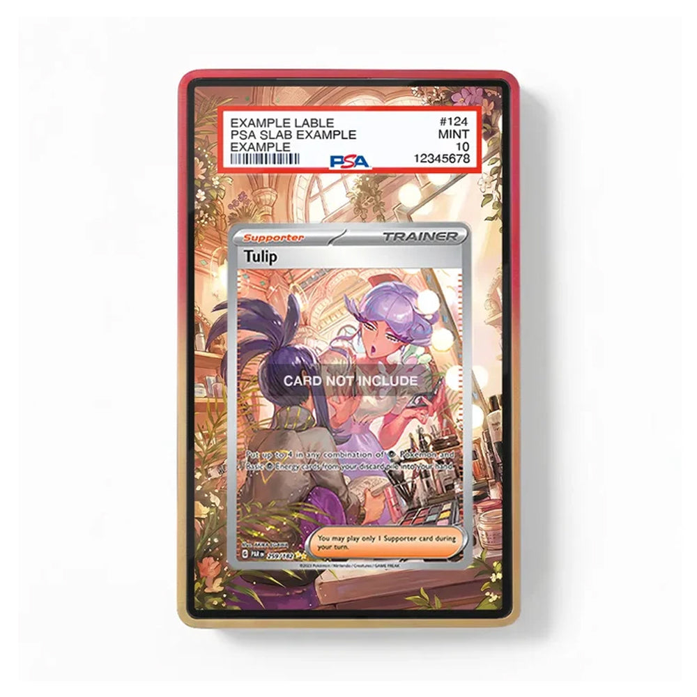 A PSA graded protective card slab containing a Tulip trainer card, shown against a clean white background. The slab features a red border and a gold-toned edge, with the PSA grading label visible at the top.