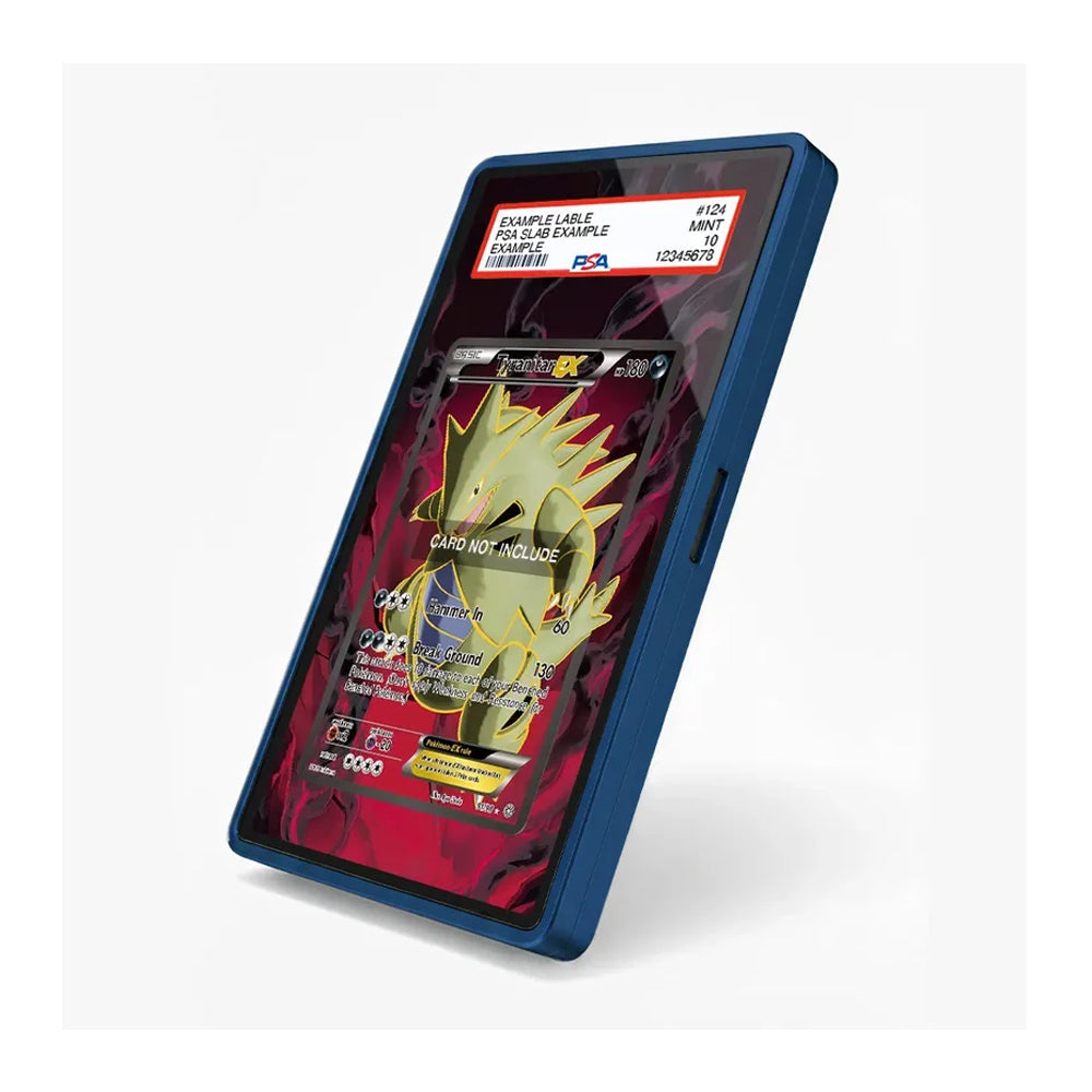 A blue protective phone case with a custom dark red and black crackle-patterned backplate, shown displaying a Pokémon trading card. The case is photographed at an angle on a clean white background.