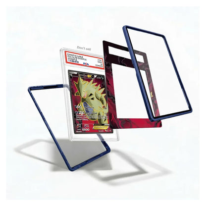 A set of protective card sleeves and frames shown floating against a white background, including a clear sleeve with a graded Pokémon TCG card inside, a dark red patterned sleeve, and two dark blue transparent frames.