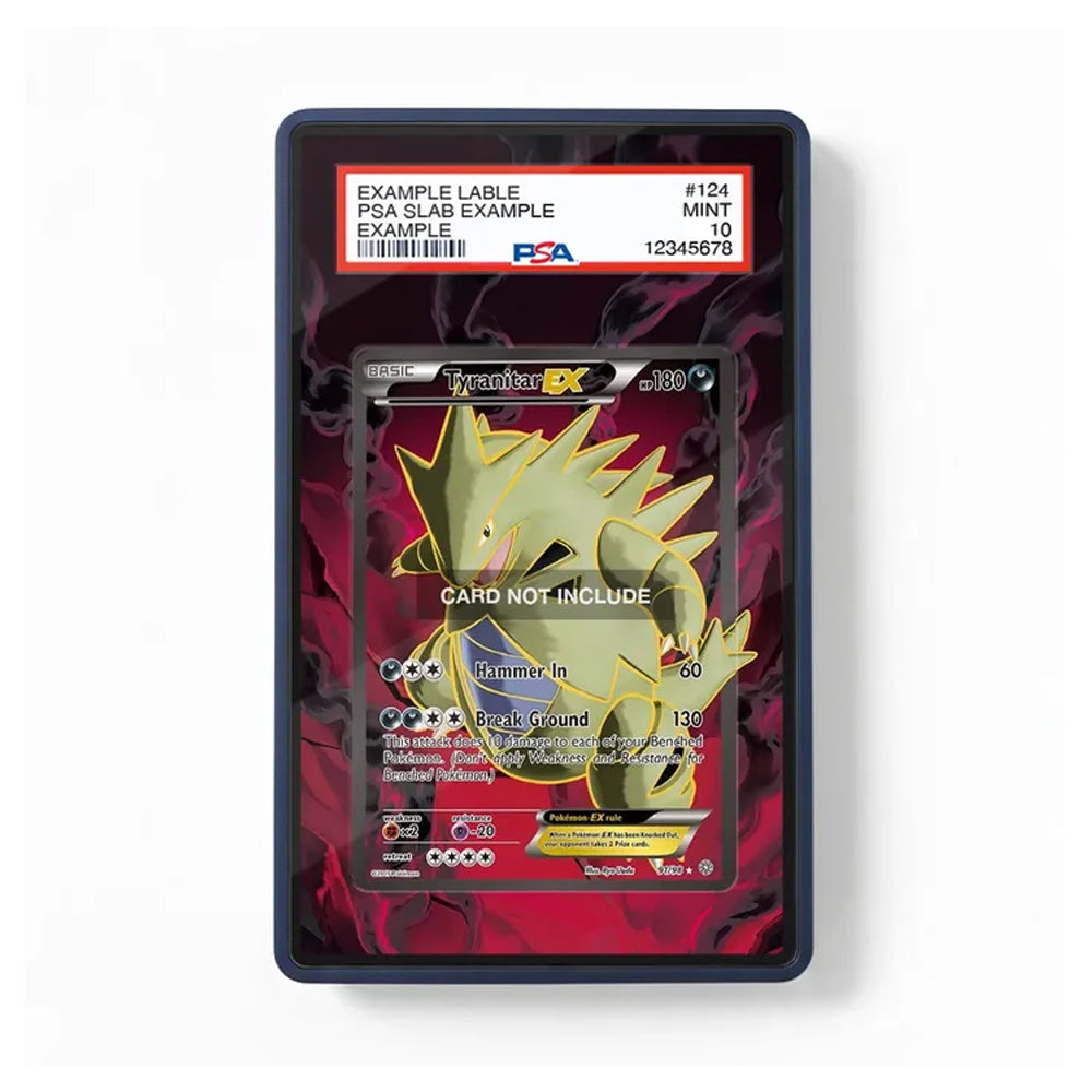 A PSA-graded display slab containing a Pokémon TCG card, shown on a plain white background. The slab has a dark blue border and a red-and-black insert, with a PSA label at the top reading 'EXAMPLE LABLE' and 'PSA SLAB EXAMPLE.