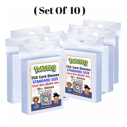 A set of 10 Pokémon TCG Card Sleeves in standard size, shown as five clear plastic bags with white backing and colorful product labels, on a white background with the text '(Set of 10)' above.
