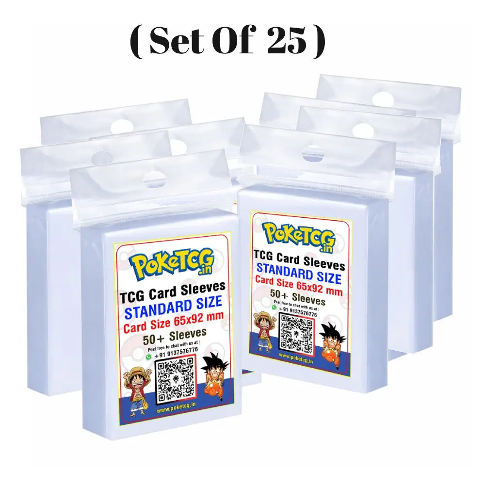 Four packs of Pokémon TCG card sleeves, standard size, arranged in a fan shape on a white background with the text '(set of 25)' above them.