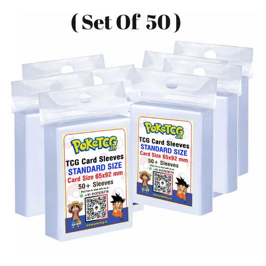 Five packages of Pokémon TCG card sleeves, standard size, arranged in a fan shape on a white background with the text '(set of 50)' above them.